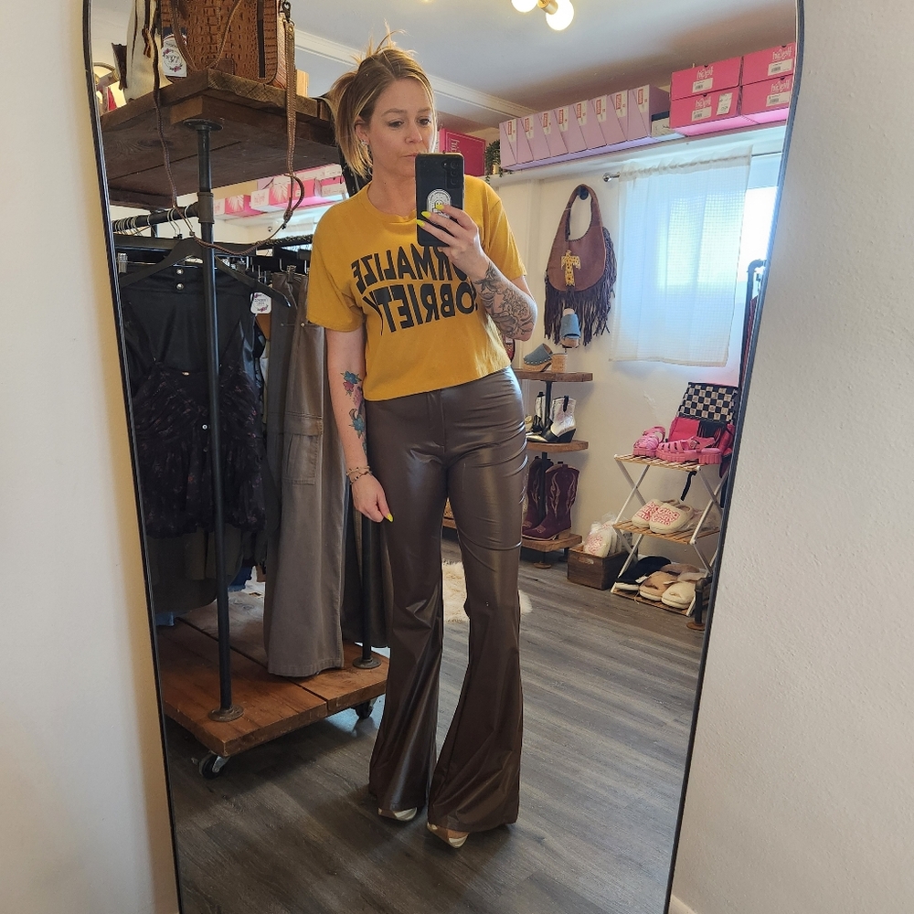 Itssy Chocolate Brown Vegan Leather Flare Pants